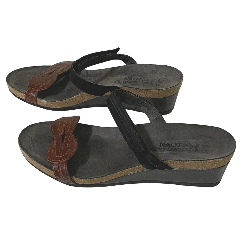 Naot Liv Slide Sandals Leather Braided Wedge US Size 9 to 9.5 Hook Loop Strappy